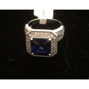 Sterling Silver Ring 925 Cushion Cut Sapphire/Diamonds 8.5 (All CZ Stones)